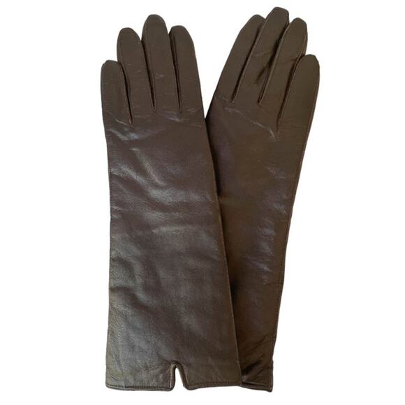 80s NWT Vintage Smart Set Genuine Brown Leather Fur Lines Mid Length Gloves Sz S - Picture 1 of 4